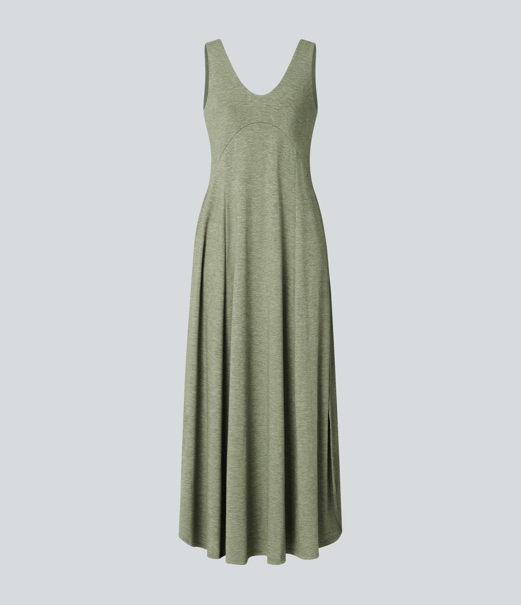U Neck Flowy Maxi Casual Tank Dress — Light Green Floral Yarn — view 7