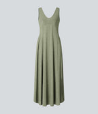 U Neck Flowy Maxi Casual Tank Dress — Light Green Floral Yarn — view 7