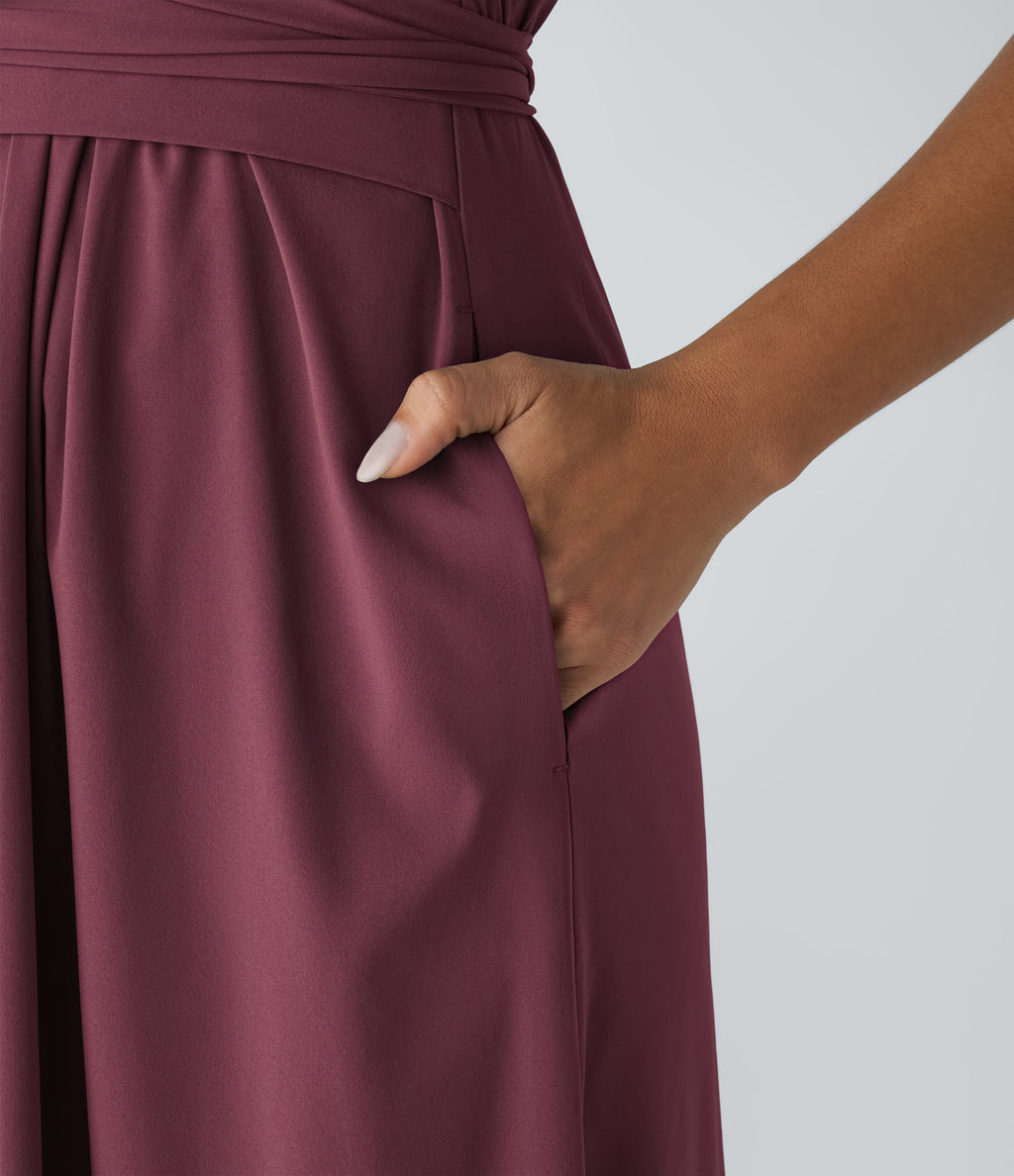 V Neck Short Sleeve Pocket Tie Back Quick Dry Midi Casual Dress-Longer Length — Amaranth — view 5