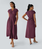 V Neck Short Sleeve Pocket Tie Back Quick Dry Midi Casual Dress-Longer Length — Amaranth — view 1
