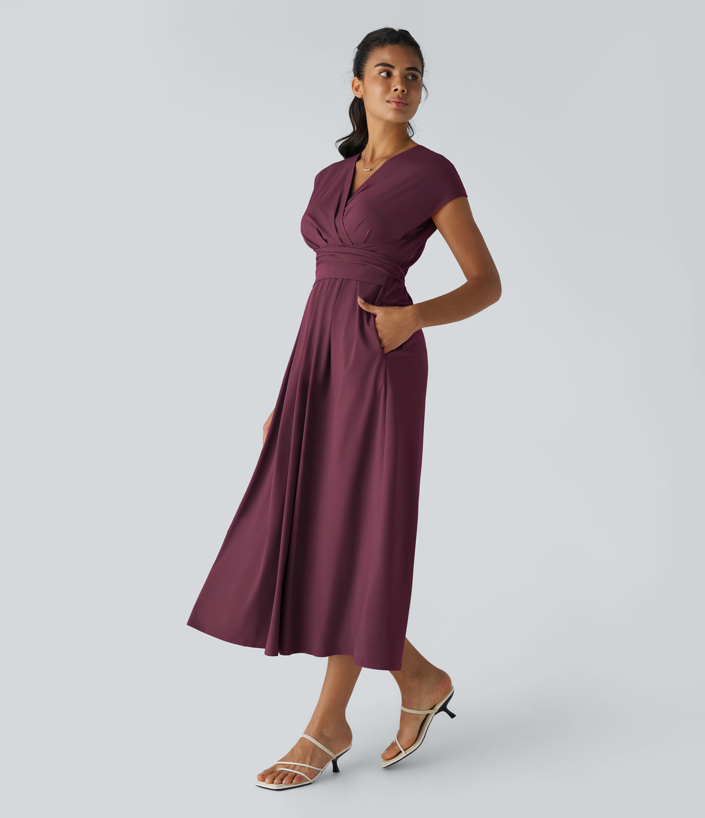 V Neck Short Sleeve Pocket Tie Back Quick Dry Midi Casual Dress-Longer Length — Amaranth — view 2