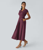 V Neck Short Sleeve Pocket Tie Back Quick Dry Midi Casual Dress-Longer Length — Amaranth — view 2