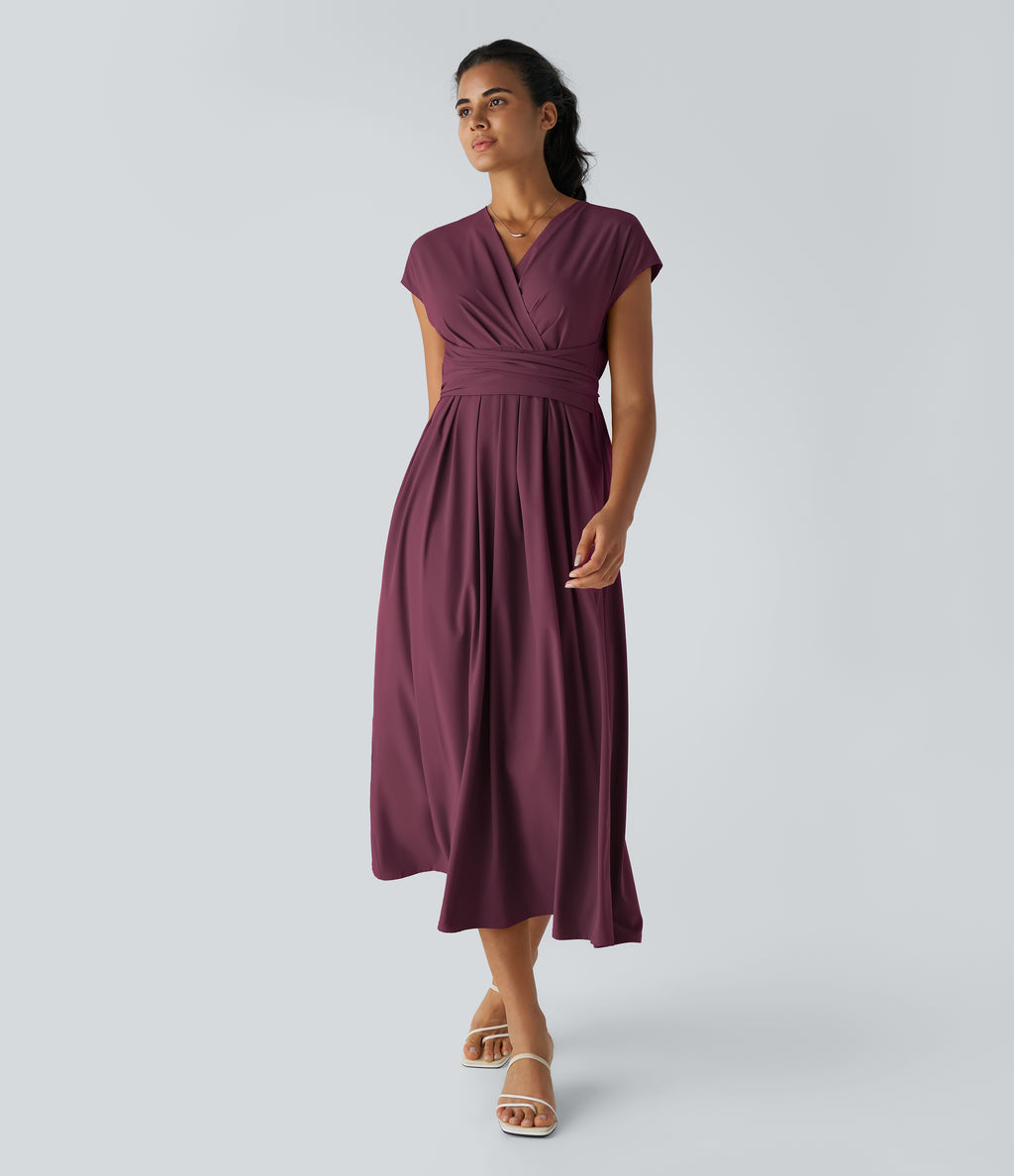 V Neck Short Sleeve Pocket Tie Back Quick Dry Midi Casual Dress-Longer Length — Amaranth — view 4