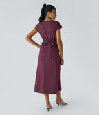 V Neck Short Sleeve Pocket Tie Back Quick Dry Midi Casual Dress-Longer Length — Amaranth — view 3