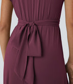 V Neck Short Sleeve Pocket Tie Back Quick Dry Midi Casual Dress-Longer Length — Amaranth — view 6