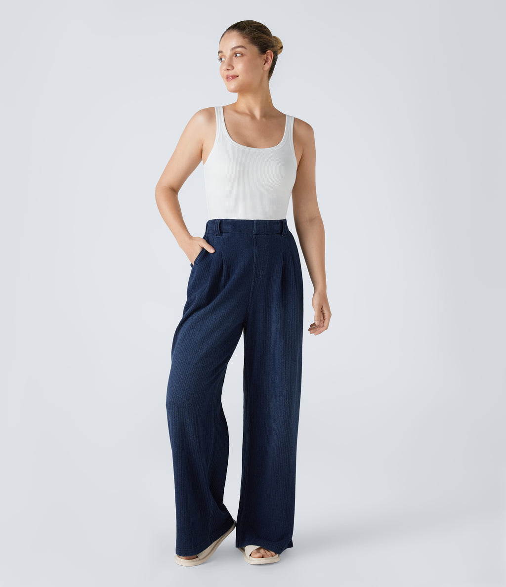 High Waisted Pocket Baggy Wide Leg Casual Jeans — Dark blue Knit Denim — view 5