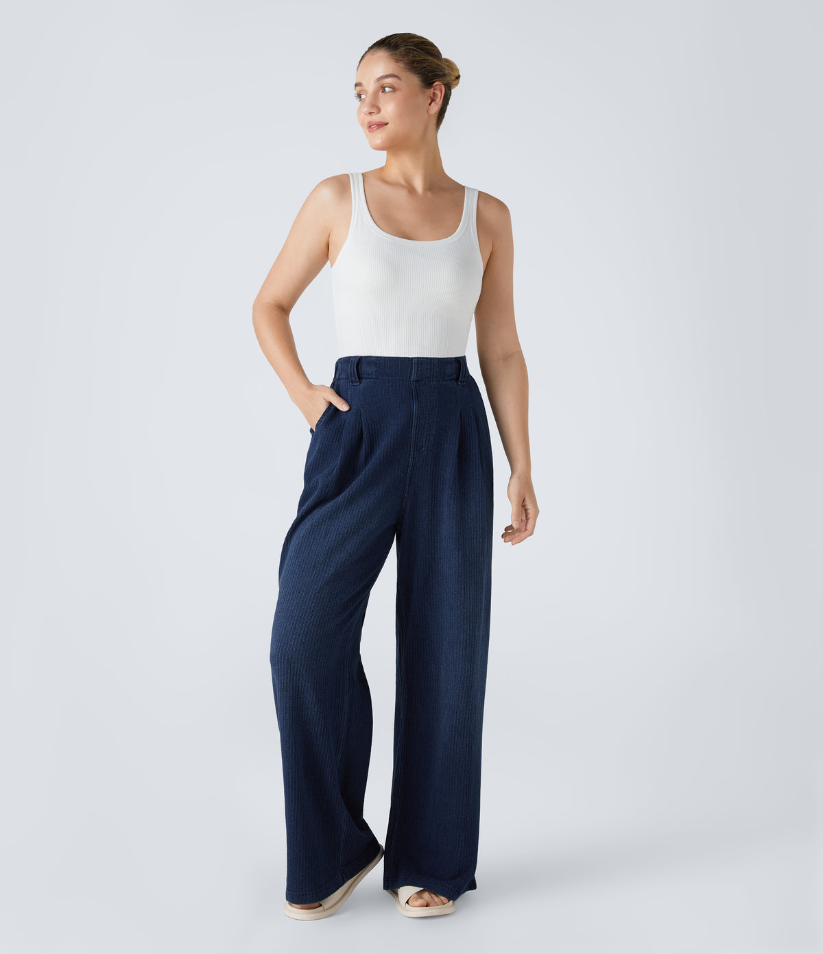 High Waisted Pocket Baggy Wide Leg Casual Jeans — Dark blue Knit Denim — view 5