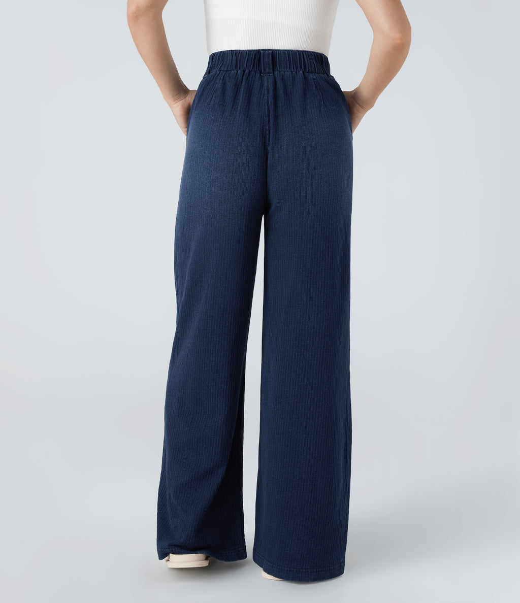 High Waisted Pocket Baggy Wide Leg Casual Jeans — Dark blue Knit Denim — view 2