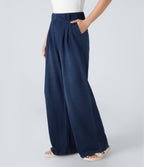 High Waisted Pocket Baggy Wide Leg Casual Jeans — Dark blue Knit Denim — view 3