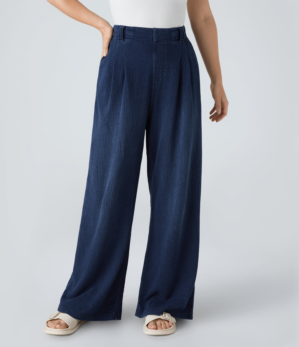 High Waisted Pocket Baggy Wide Leg Casual Jeans — Dark blue Knit Denim — view 1