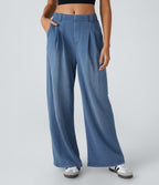 High Waisted Pocket Baggy Wide Leg Casual Jeans — Blue Bush Denim — view 6