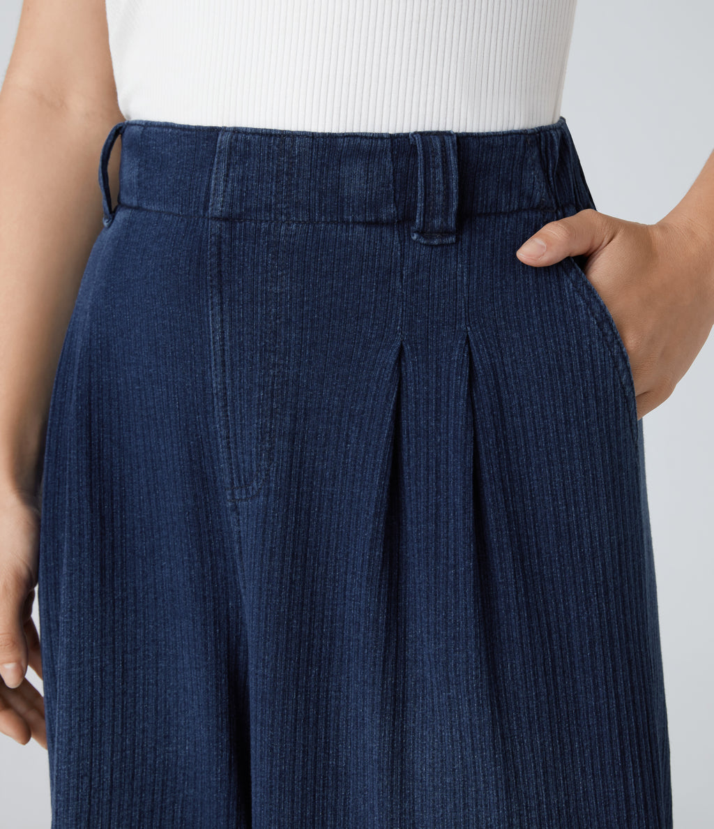High Waisted Pocket Baggy Wide Leg Casual Jeans — Dark blue Knit Denim — view 4