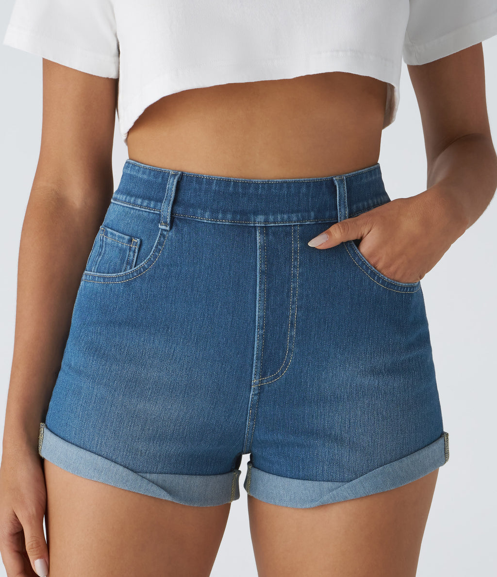 High Waisted Pockets Rolled Hem Washed Denim Casual Shorts — Dark Azure Blue Denim — view 4