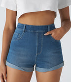 High Waisted Pockets Rolled Hem Washed Denim Casual Shorts — Dark Azure Blue Denim — view 4