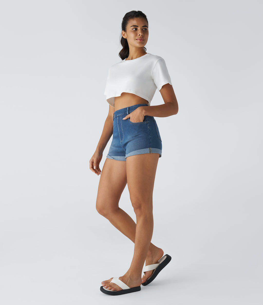 High Waisted Pockets Rolled Hem Washed Denim Casual Shorts — Dark Azure Blue Denim — view 5
