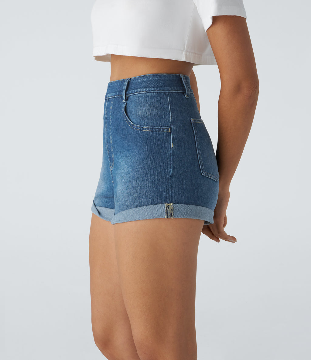 High Waisted Pockets Rolled Hem Washed Denim Casual Shorts — Dark Azure Blue Denim — view 3