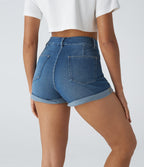 High Waisted Pockets Rolled Hem Washed Denim Casual Shorts — Dark Azure Blue Denim — view 2