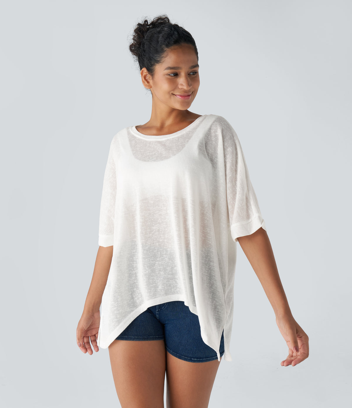 Asymmetric Split Hem Sheer Oversize Casual Top — White — view 1