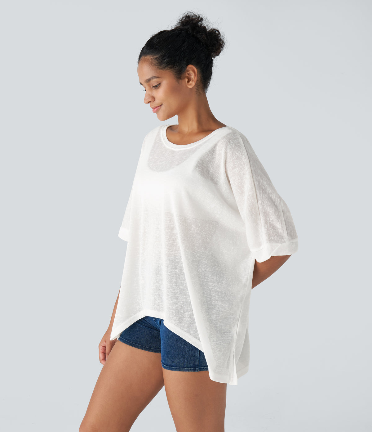Asymmetric Split Hem Sheer Oversize Casual Top — White — view 3