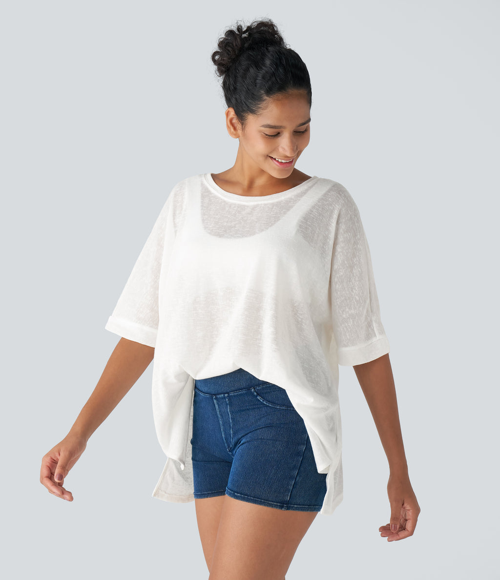 Asymmetric Split Hem Sheer Oversize Casual Top — White — view 4