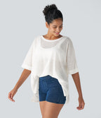 Asymmetric Split Hem Sheer Oversize Casual Top — White — view 4