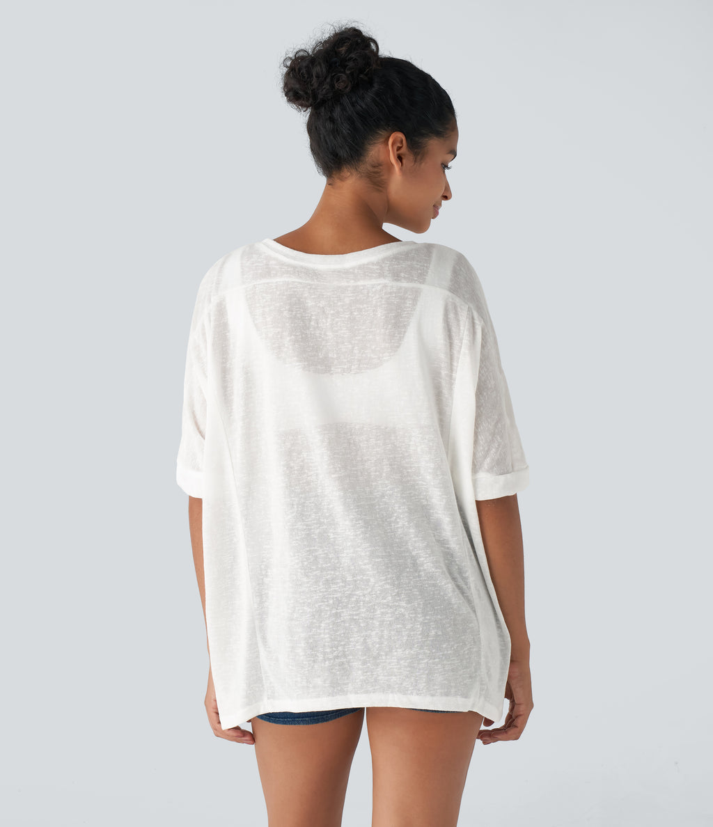 Asymmetric Split Hem Sheer Oversize Casual Top — White — view 2