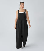 Adjustable Strap Button Multiple Pockets Waffle Casual Plus Size Dungarees — Black — view 5