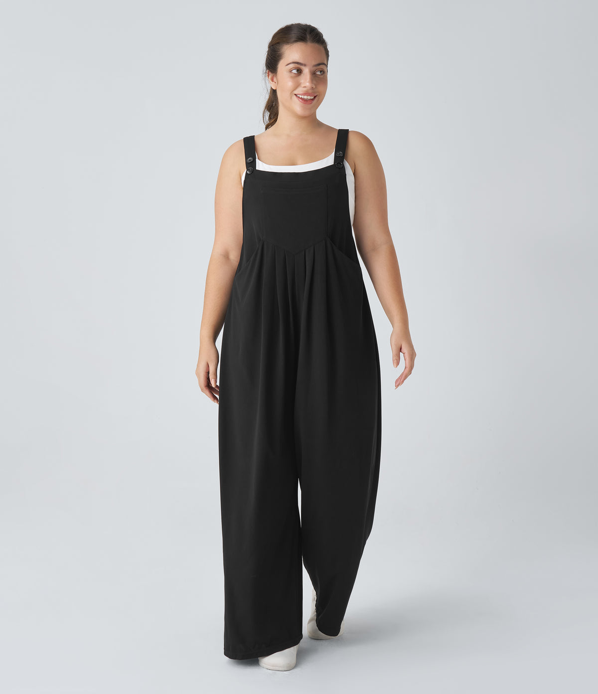 Adjustable Strap Button Multiple Pockets Waffle Casual Plus Size Dungarees — Black — view 5