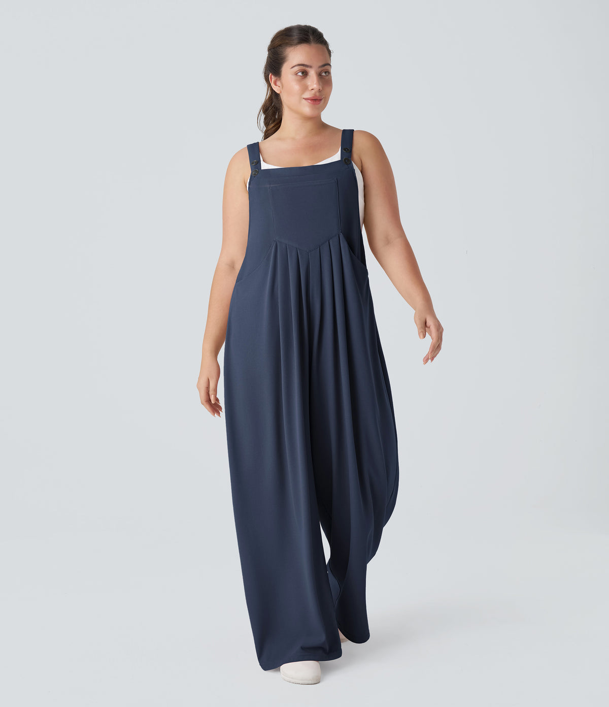 Adjustable Strap Button Multiple Pockets Waffle Casual Plus Size Dungarees — Harbor Ink — view 8