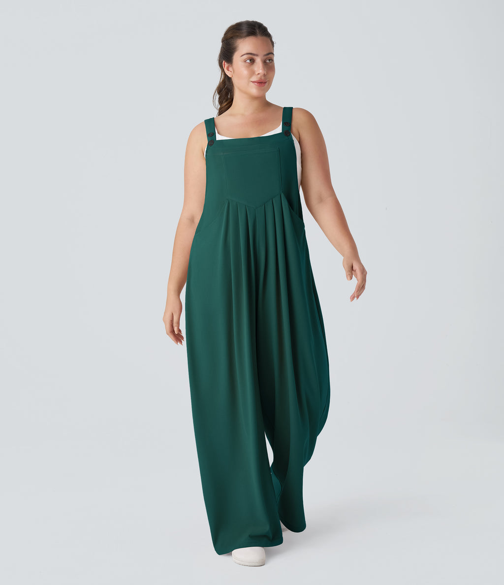 Adjustable Strap Button Multiple Pockets Waffle Casual Plus Size Dungarees — Forest Biome — view 6