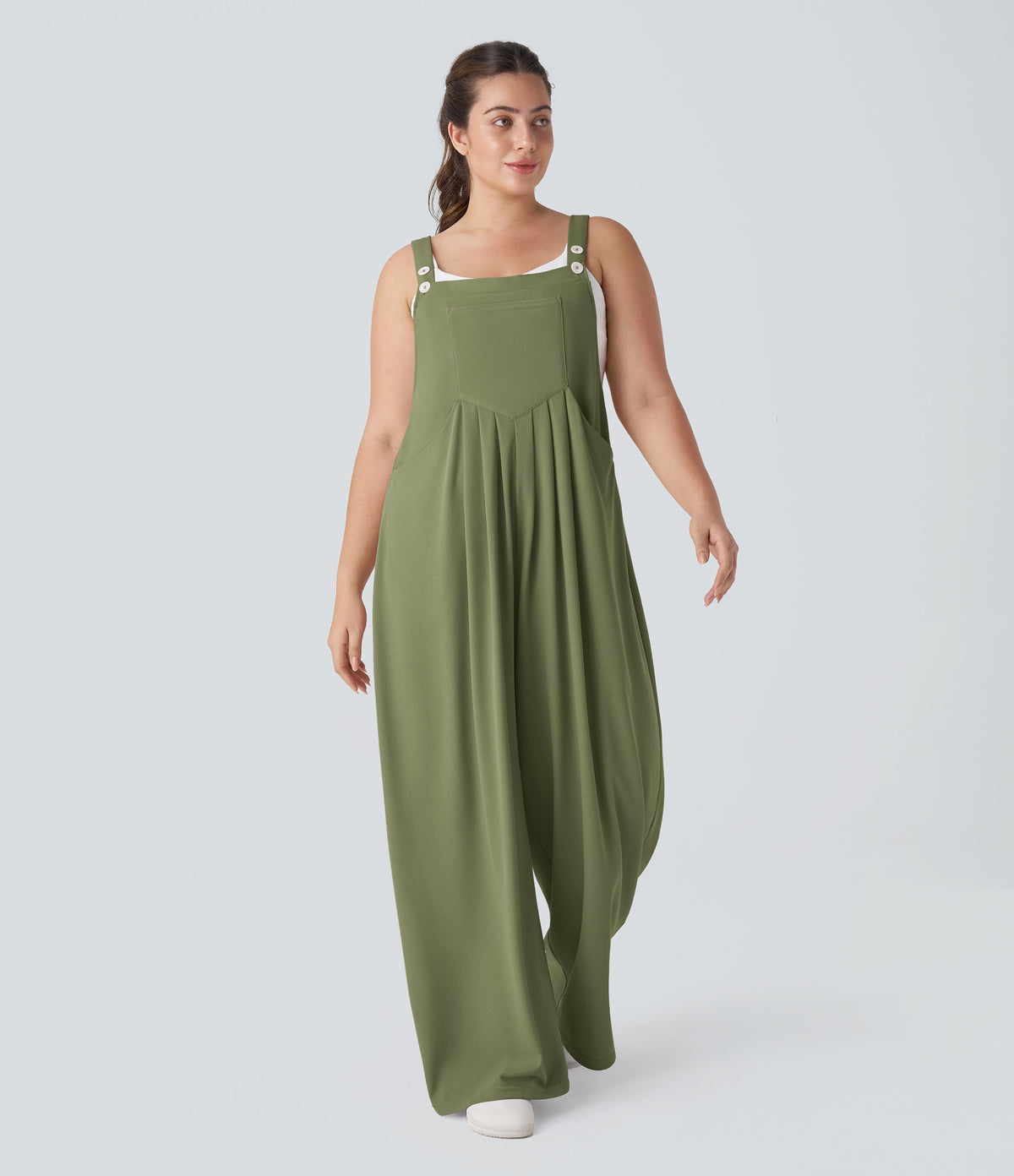 Adjustable Strap Button Multiple Pockets Waffle Casual Plus Size Dungarees — Loden Green — view 9