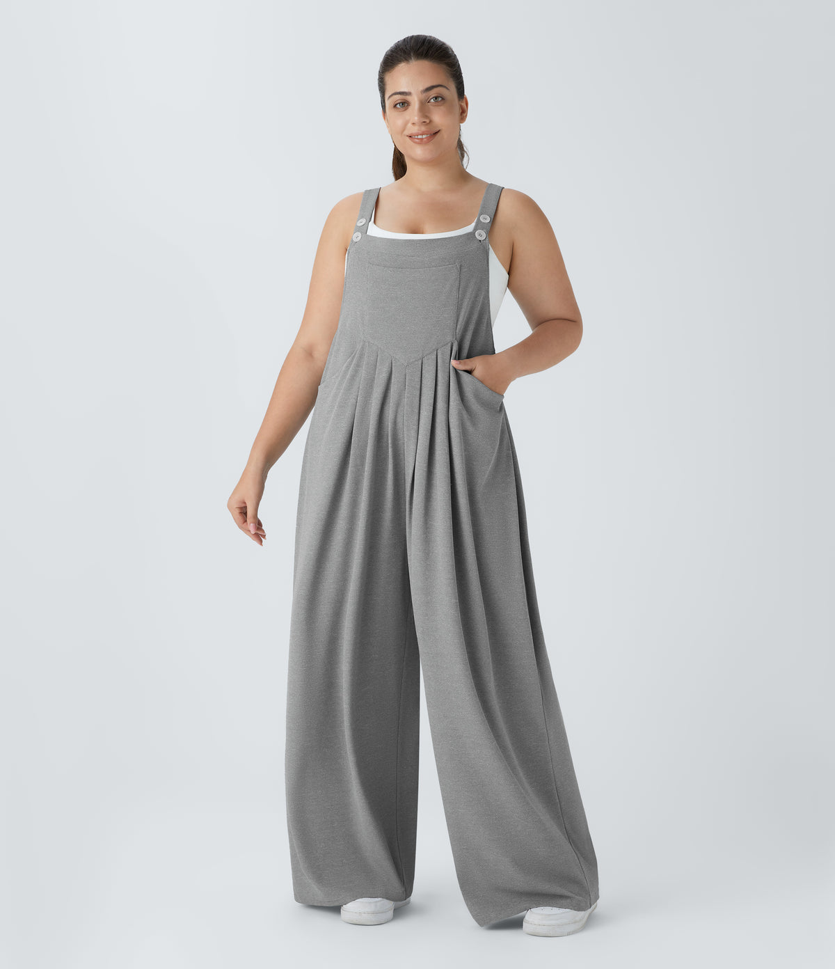 Adjustable Strap Button Multiple Pockets Waffle Casual Plus Size Dungarees — Waffle Gray — view 10
