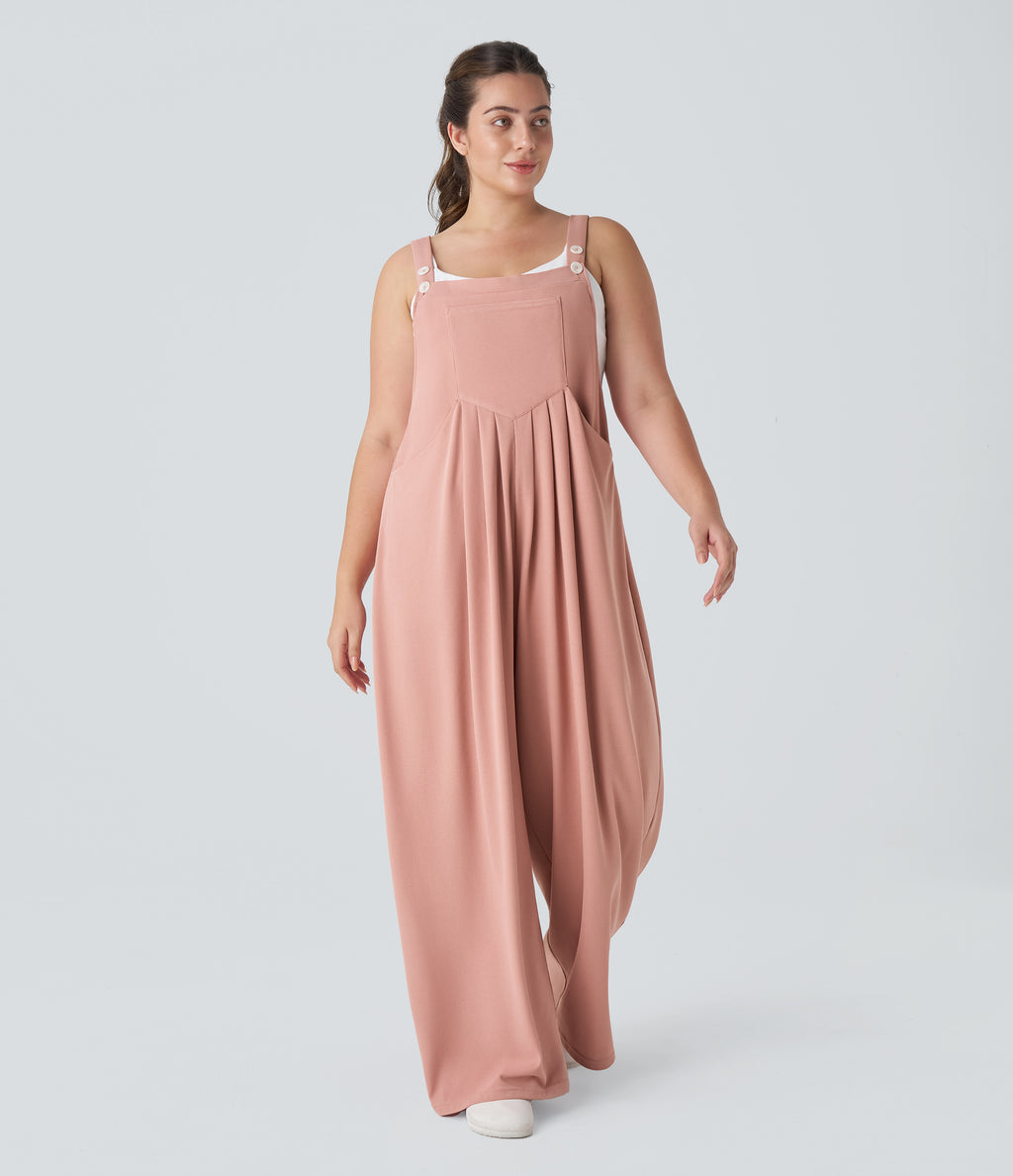 Adjustable Strap Button Multiple Pockets Waffle Casual Plus Size Dungarees — Rose Tan — view 1