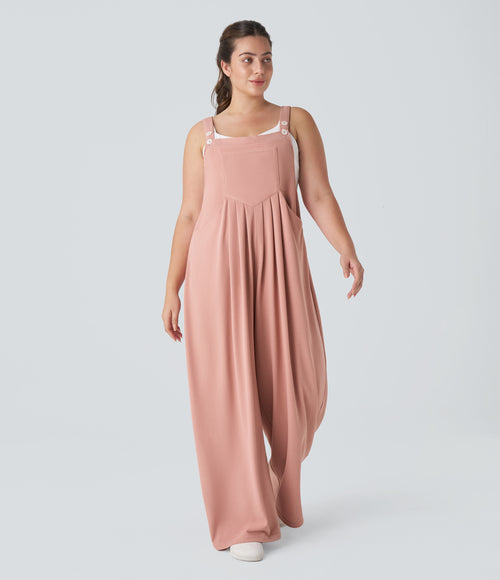 Adjustable Strap Button Multiple Pockets Waffle Casual Plus Size Dungarees — Rose Tan — view 1