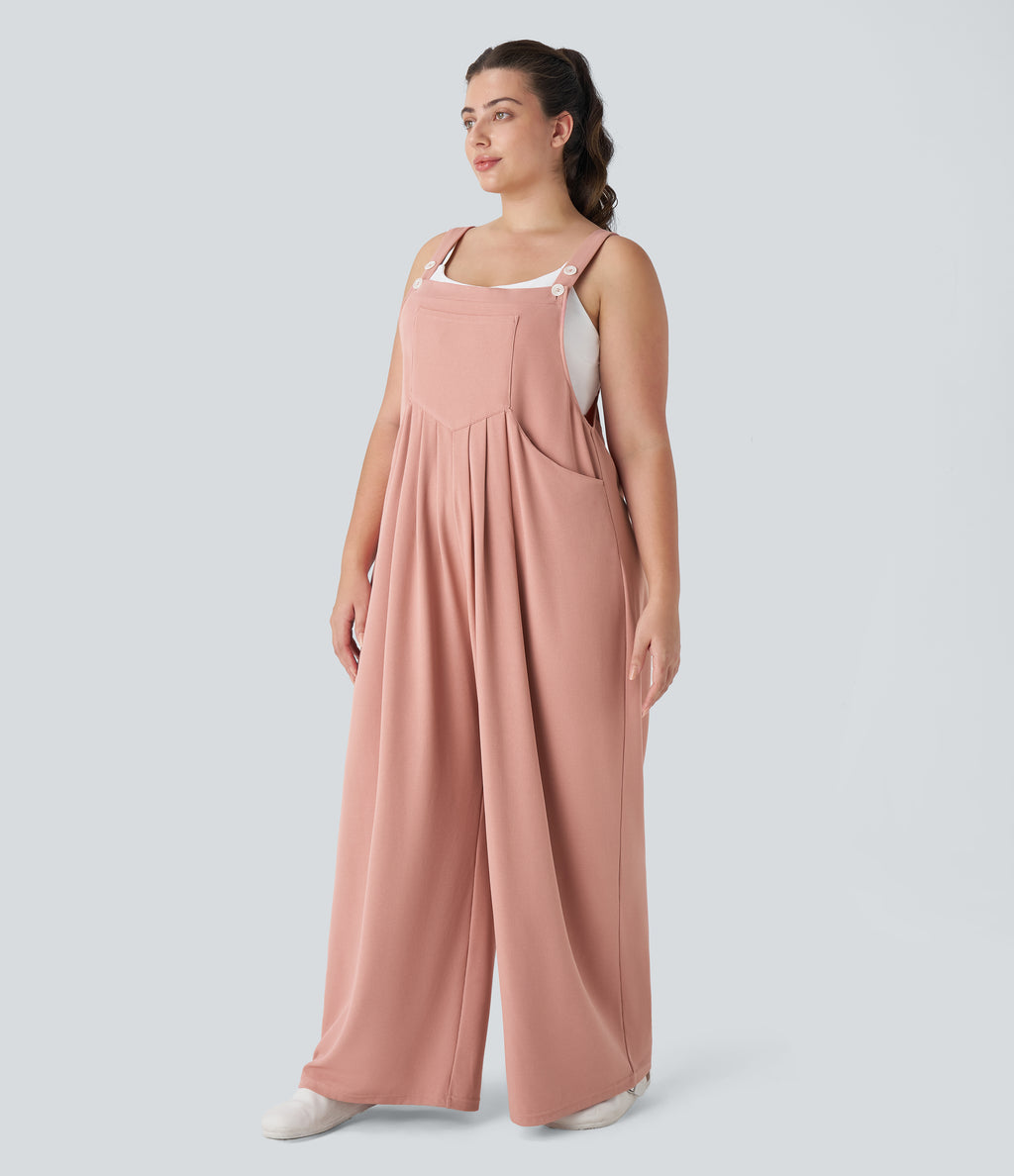 Adjustable Strap Button Multiple Pockets Waffle Casual Plus Size Dungarees — Rose Tan — view 3