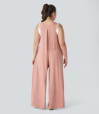 Adjustable Strap Button Multiple Pockets Waffle Casual Plus Size Dungarees — Rose Tan — view 2