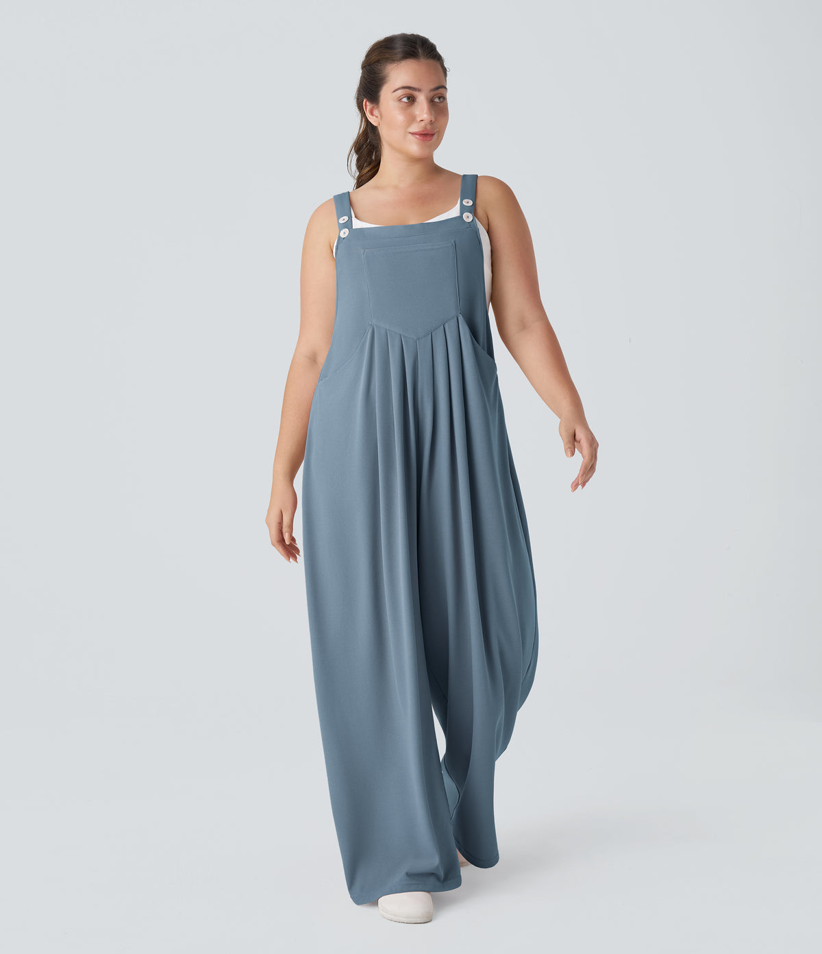 Adjustable Strap Button Multiple Pockets Waffle Casual Plus Size Dungarees — Mountain Spring — view 7