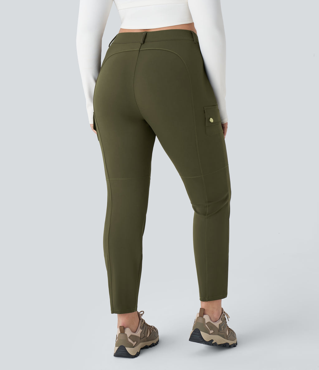 High Waisted Zipper Pockets Solid Slim Hiking Plus Size Cargo Trousers — Forest Night — view 2