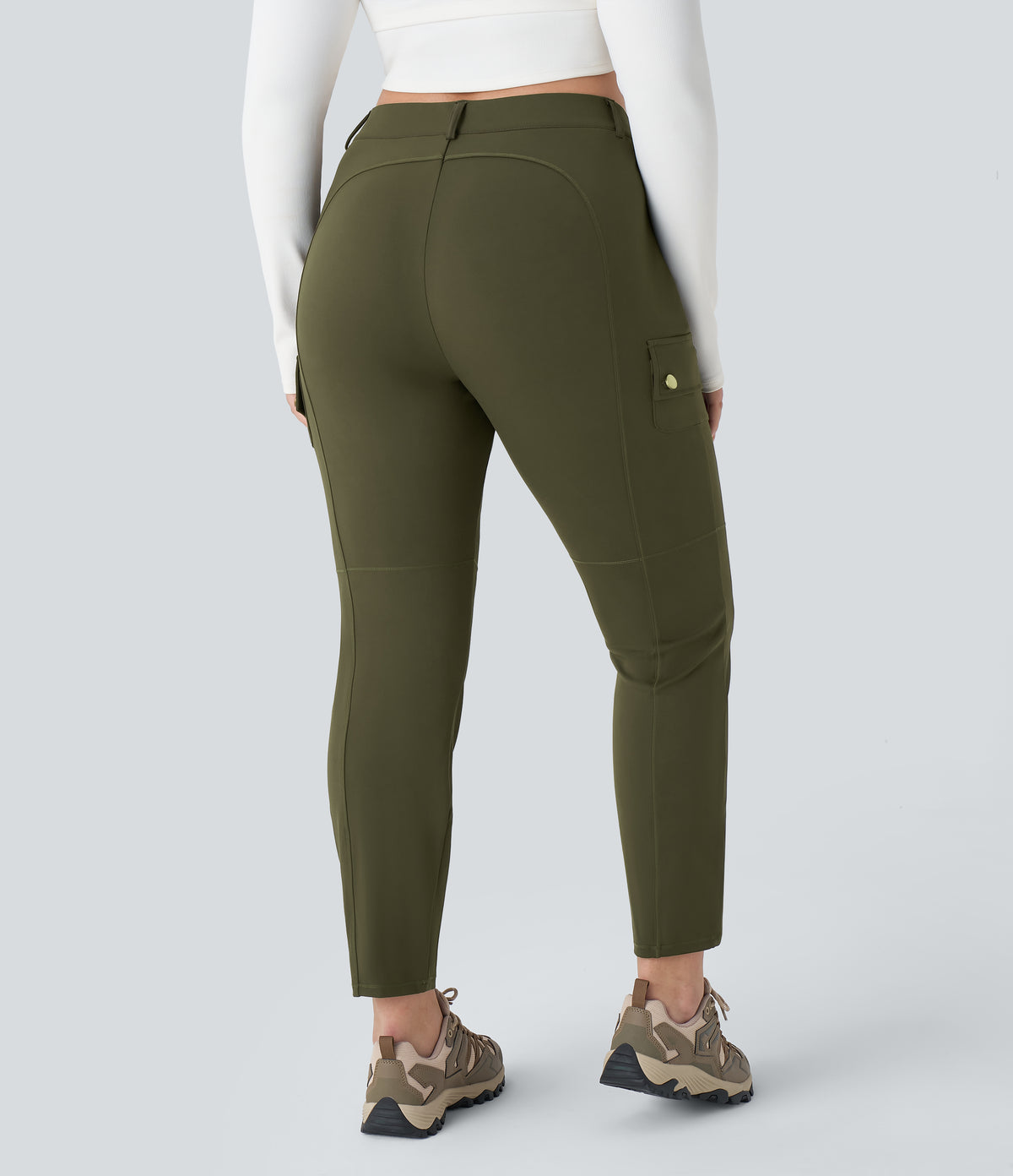 High Waisted Zipper Pockets Solid Slim Hiking Plus Size Cargo Trousers — Forest Night — view 2