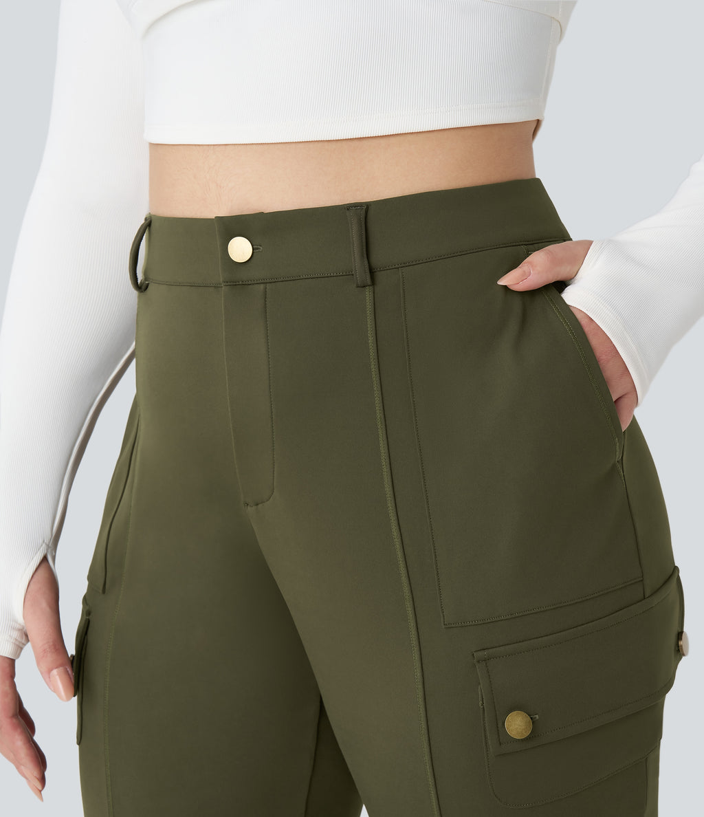 High Waisted Zipper Pockets Solid Slim Hiking Plus Size Cargo Trousers — Forest Night — view 4
