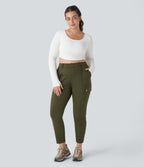 High Waisted Zipper Pockets Solid Slim Hiking Plus Size Cargo Trousers — Forest Night — view 7