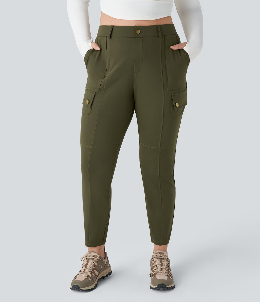 High Waisted Zipper Pockets Solid Slim Hiking Plus Size Cargo Trousers — Forest Night — view 3
