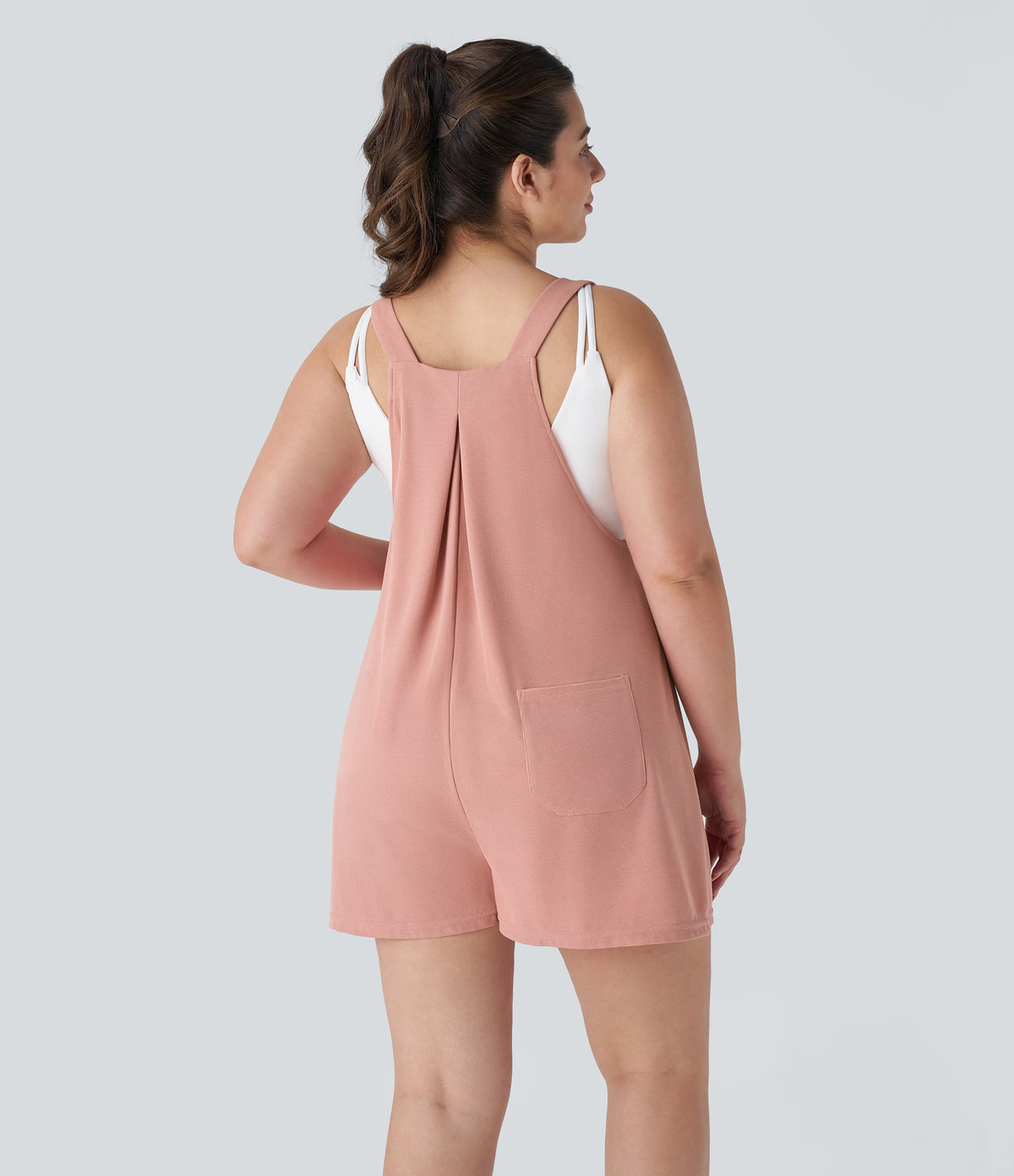 Adjustable Strap Button Multiple Pockets Waffle Casual Plus Size Dungarees — Rose Tan — view 2