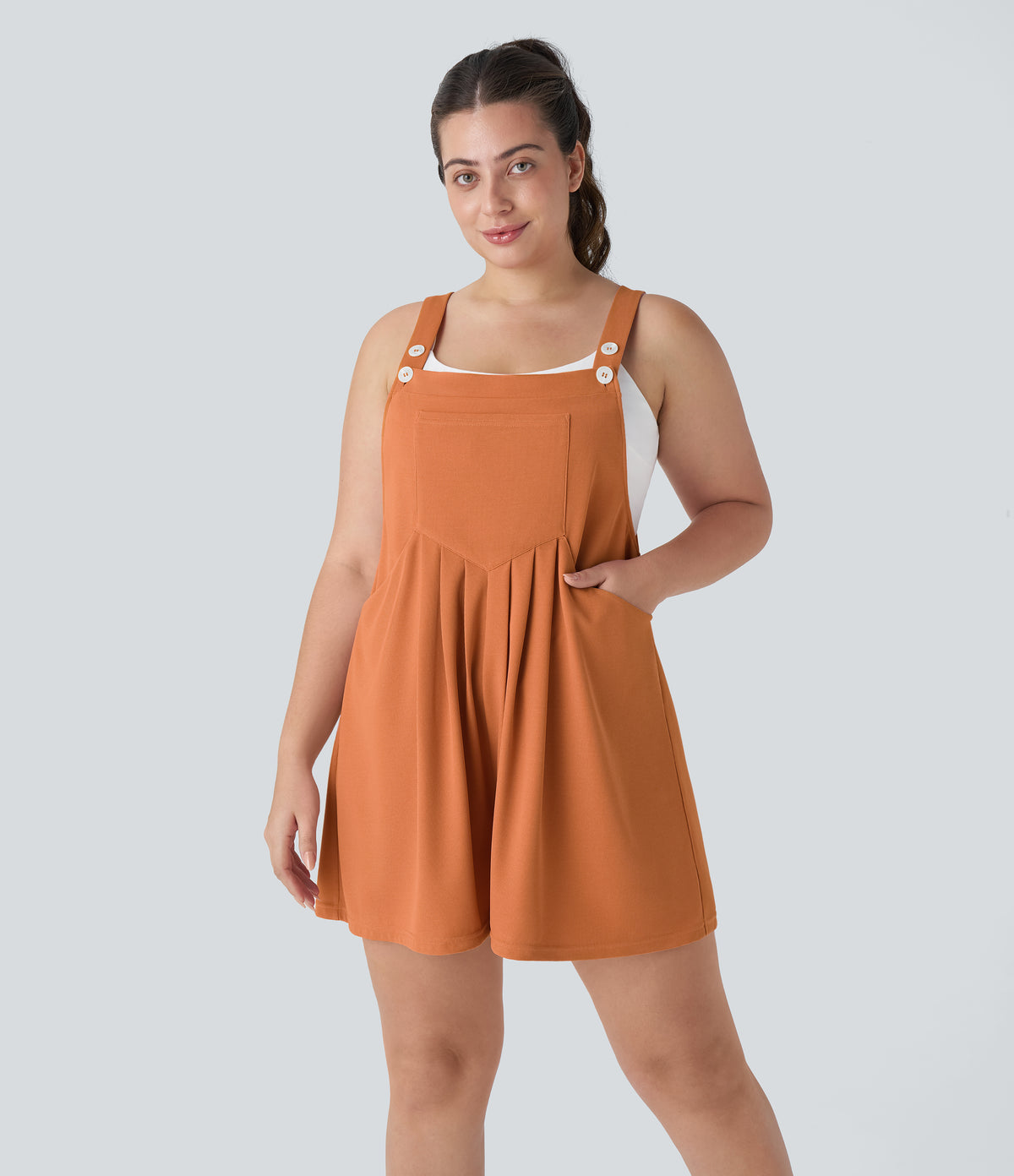 Adjustable Strap Button Multiple Pockets Waffle Casual Plus Size Dungarees — Apricot Orange — view 7