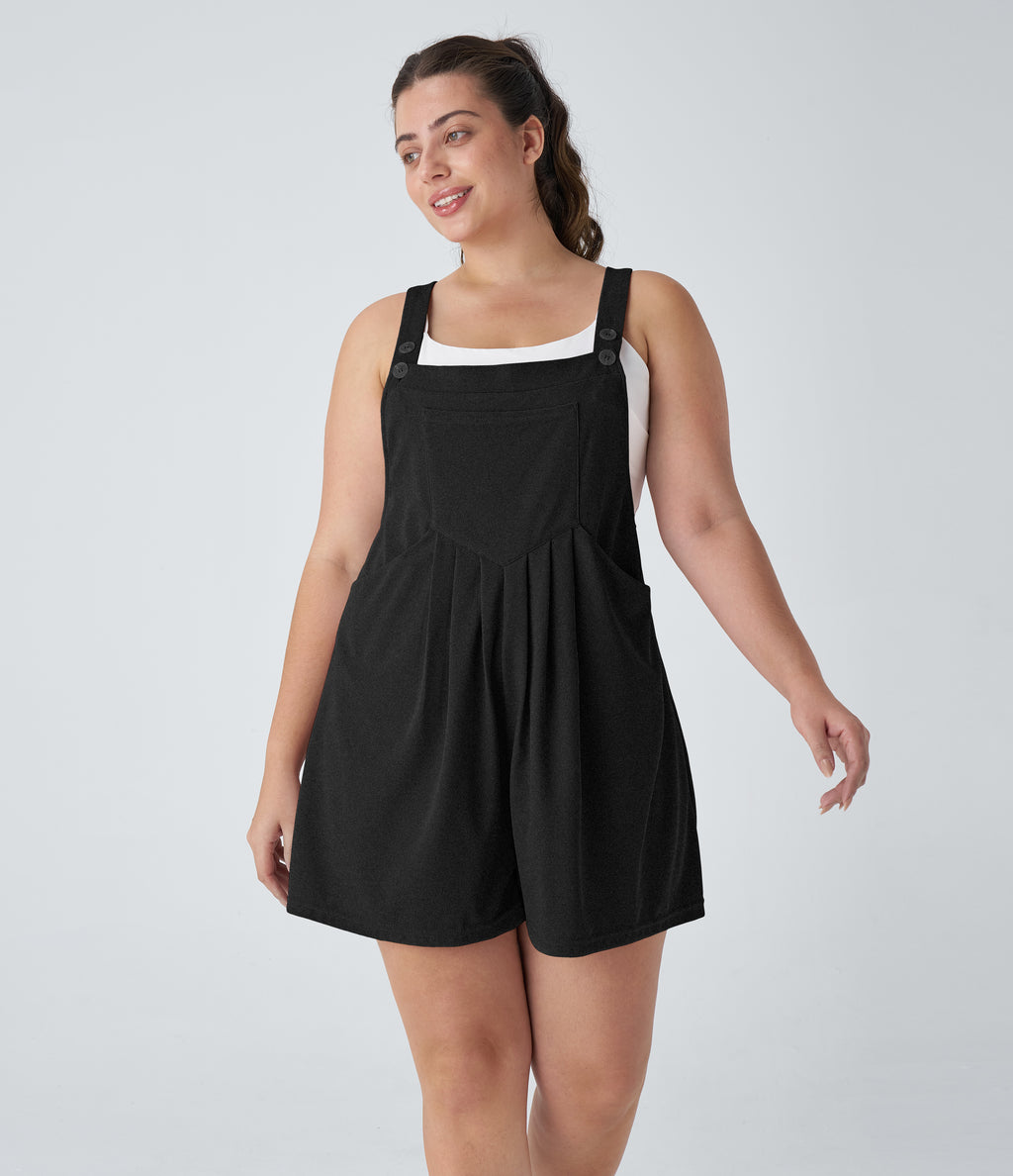 Adjustable Strap Button Multiple Pockets Waffle Casual Plus Size Dungarees — Black — view 5