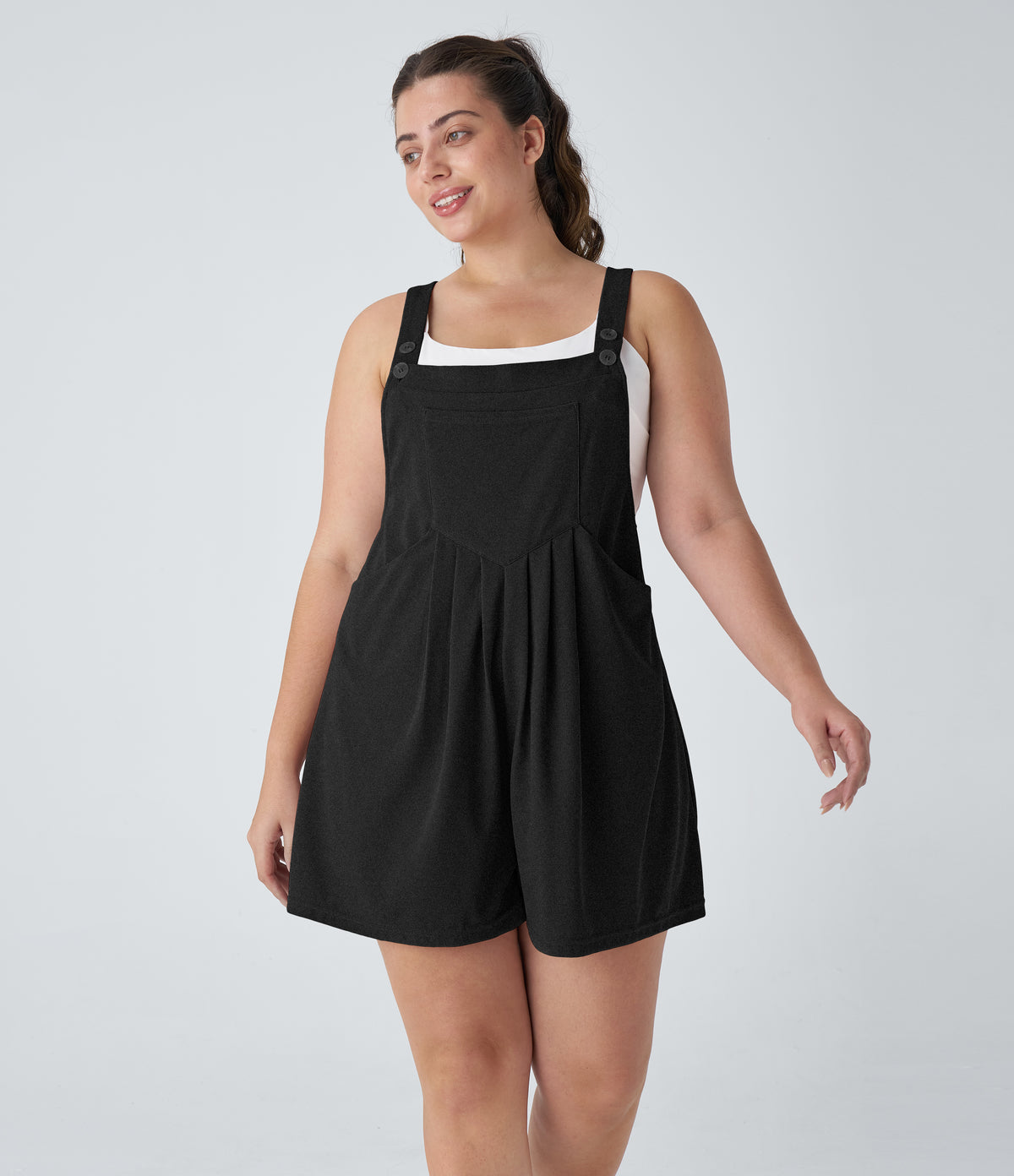 Adjustable Strap Button Multiple Pockets Waffle Casual Plus Size Dungarees — Black — view 5