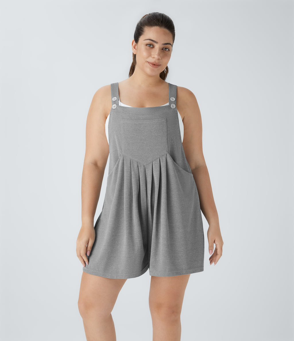 Adjustable Strap Button Multiple Pockets Waffle Casual Plus Size Dungarees — Waffle Gray — view 6