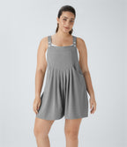 Adjustable Strap Button Multiple Pockets Waffle Casual Plus Size Dungarees — Waffle Gray — view 6