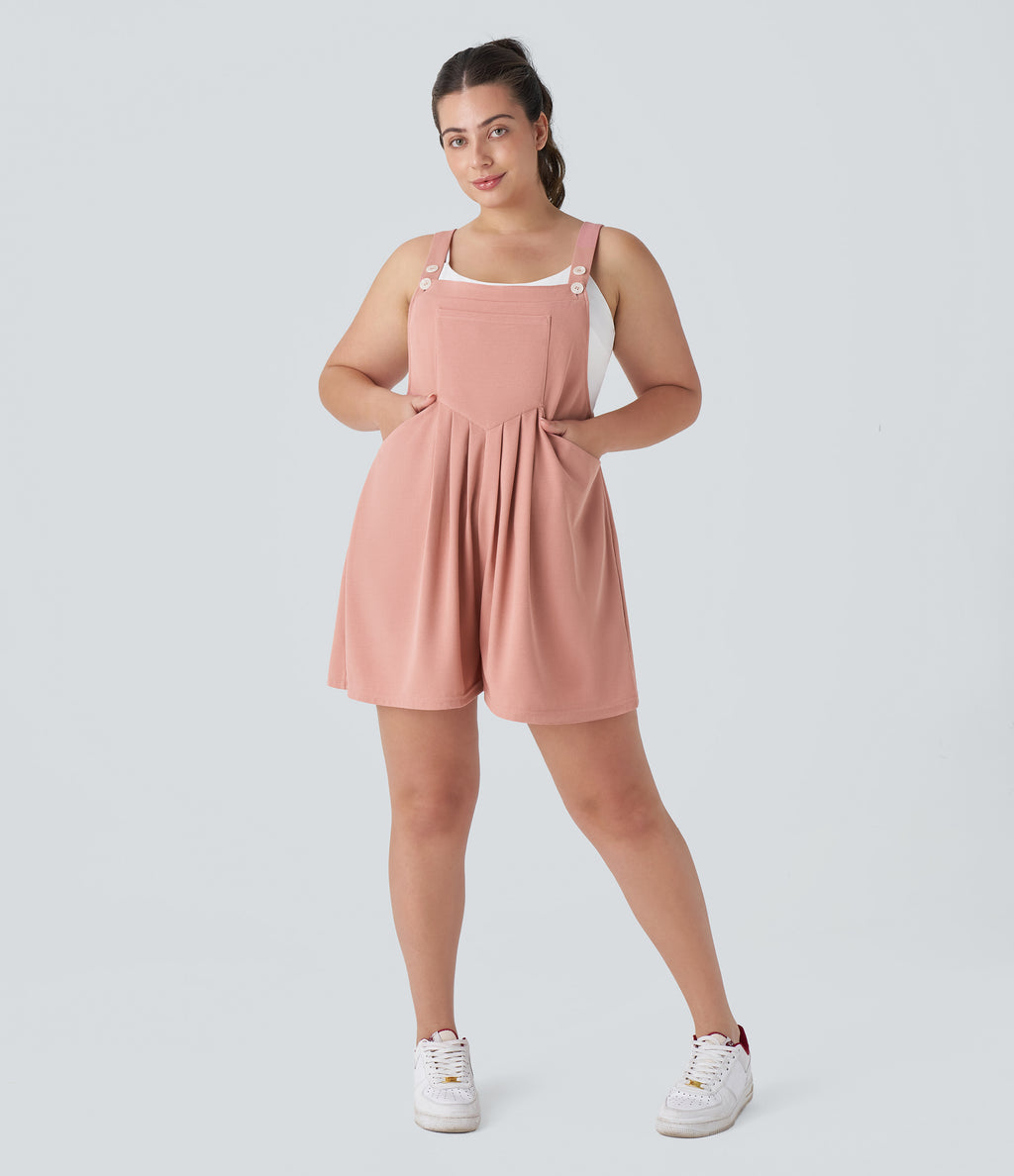 Adjustable Strap Button Multiple Pockets Waffle Casual Plus Size Dungarees — Rose Tan — view 4