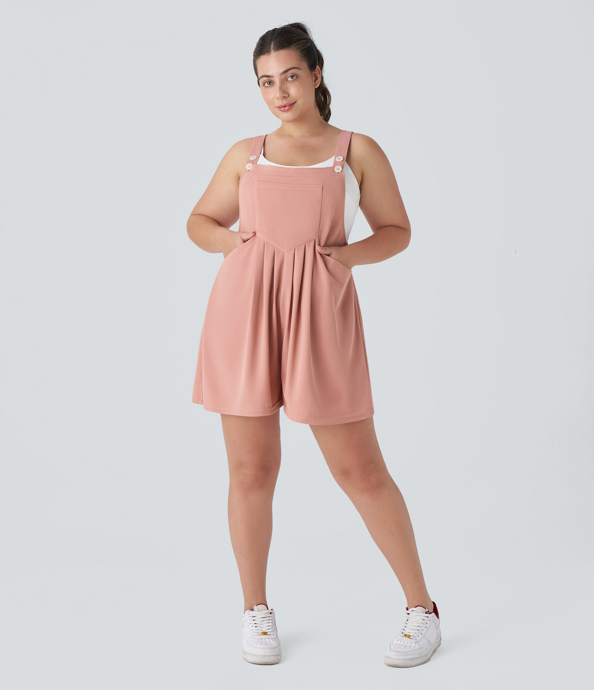 Adjustable Strap Button Multiple Pockets Waffle Casual Plus Size Dungarees — Rose Tan — view 4
